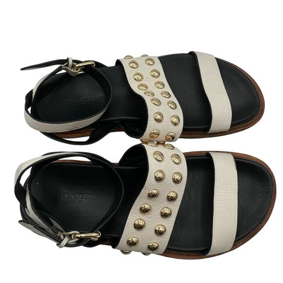 Coach Dannie Ankle Strap Sandals 8B Flats Open Toe Black White Gold Studs - Picture 4 of 15
